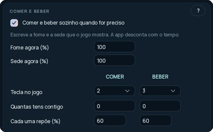 O cartão Comer e beber: comer e beber sozinho, fome e sede agora, teclas 2 e 3, quanto repõe cada uma.